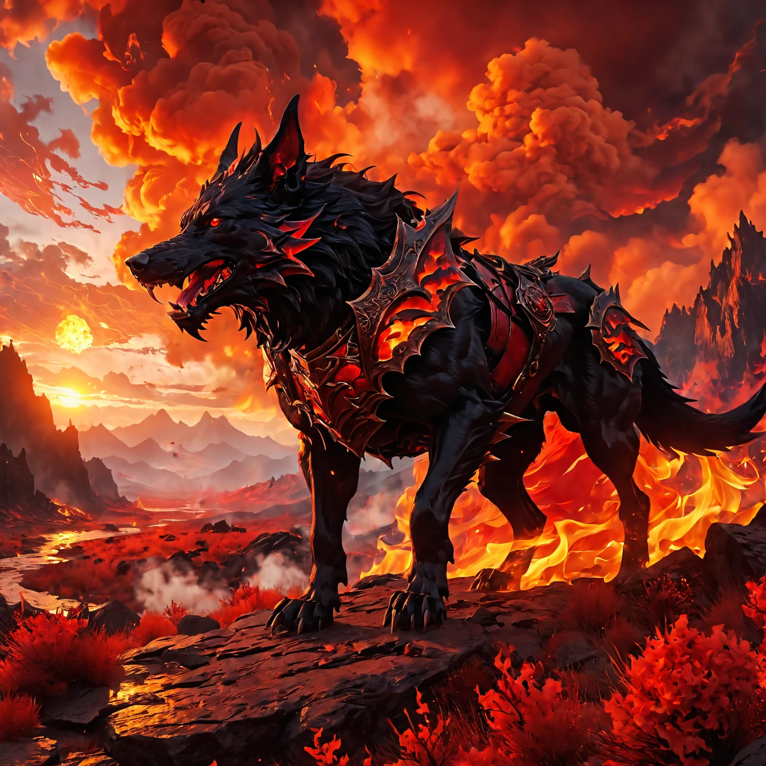 Role-playing game (RPG) style fantasy (a hellhound: 1.1), (is patrolling through the elemental plane of fire: 1.1), on fire, red theme, setting sun, cloudy sky, red clouds, red smoke, black craggy mountains, <lora:fireSDXL:1>, elementalplanefire, best quality, masterpiece, 4k, uncensored, prefect lighting, rating_explicit, very aesthetic, detailed, <lora:add_details_xl:0.6>, very detailed, <lora:SDXLHighDetail_v5:0.6> . Detailed, vibrant, immersive, reminiscent of high fantasy RPG games