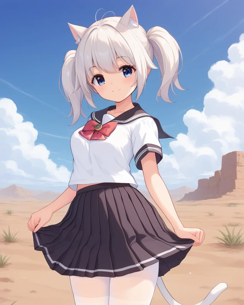 <lora:JunNeko-000009 (1):1>,junneko,twintails,white hair,cat tail,cat ears,medium breasts,18yo,blue eyes,
serafuku,school uniform,sailor collar,bow,white pantyhose,black skirt, 
1girl,solo,
standing,
desert,outdoors,
smile,, score_9,score_8_up,score_7_up,source_anime,best quality,masterpiece,uncensored,detailed eyes,<lora:add-detail-xl:0.7>