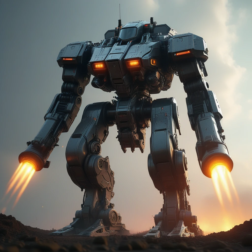 wide shot of a giant robot with a lot of lights on it, wojtek fus, giant mech, by Ludwik Konarzewski Jr, mega humanoid mech, sci-fi mech, symmetrical dieselpunk warrior, highly realistic concept art, deep cyberpunk mechanoid, painterly humanoid mecha, greg rutkowski octane render, cinematic volumetric lighting, wide shot with Sony Fx6