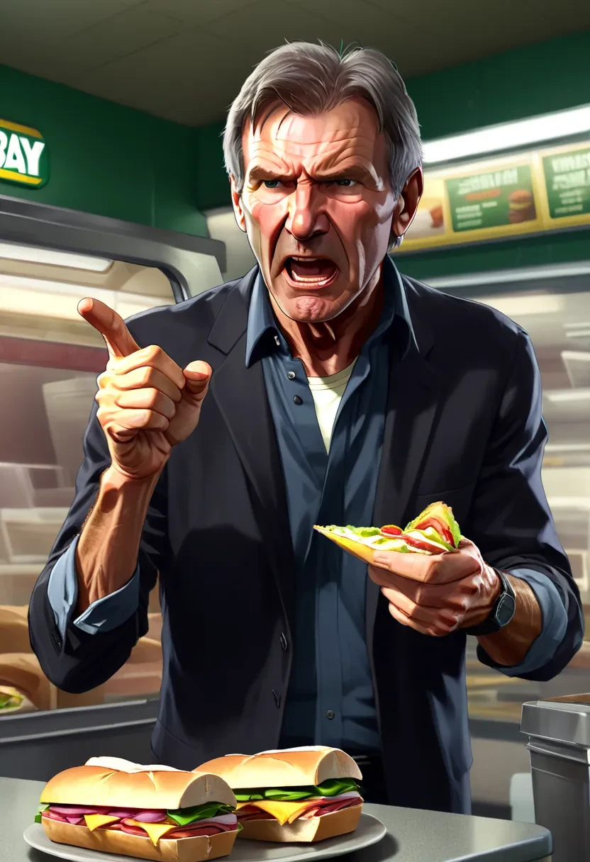 side view of an angry Harrison Ford ordering a sandwich in a subway restaurant, pointing and yelling, award winning, ultra high quality, insane details, GTA style <lora:GTA_epoch_10:1>