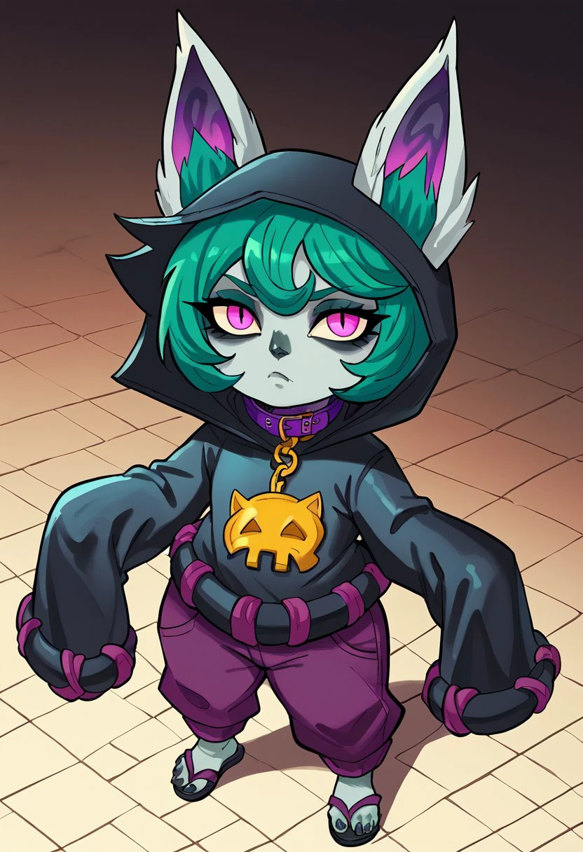 score_9, score_8_up, score_7_up, score_6_up, bbp-dh BREAK, VexLoLXL, yordle, shortstack, pink eyes, green hair, bangs, short hair, grey skin, colored skin, black hood, hood up, ears through headwear, white animal ears, black shirt, purple collar, golden ornament, long sleeves, sleeves past wrists, purple pants, sandals  <lora:Artist_Style_-_Bad_Boy_Pool_JAB_PDXL:0.8> bbp-dh <lora:add-detail-xl:0.3> <lora:VexLoLXL:0.7>