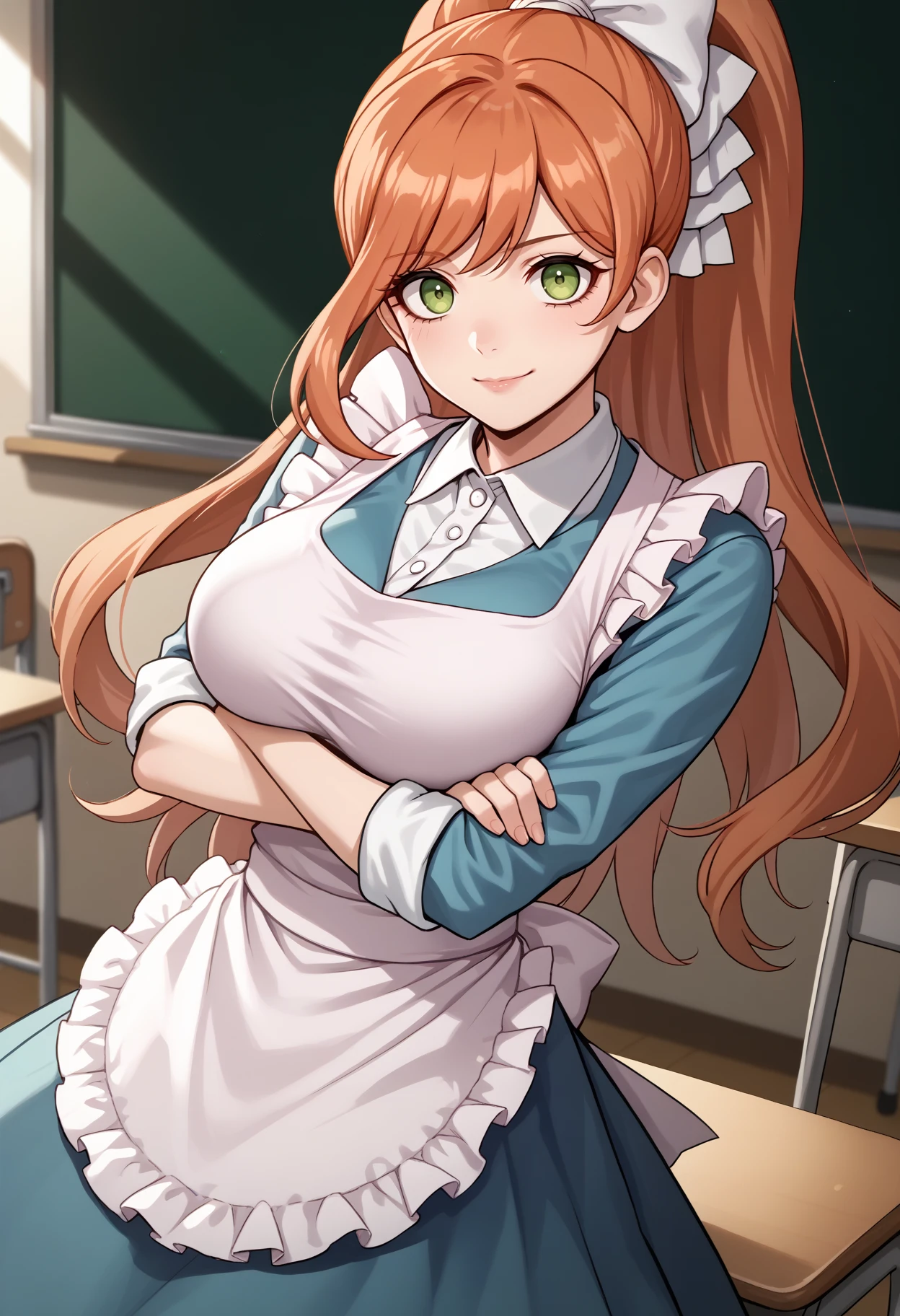 score_9, score_7_up, source_anime, 1girl, cowboy shot, looking at viewer, smile, crossed arms, arms under breasts, <lora:ChisaDR-pdxl:1> chiDR, orange hair, long hair, high ponytail, hair ribbon, white ribbon, green eyes, collared shirt, white shirt, blue dress, large breasts, frilled apron, sleeves rolled up, black pantyhose, classroom