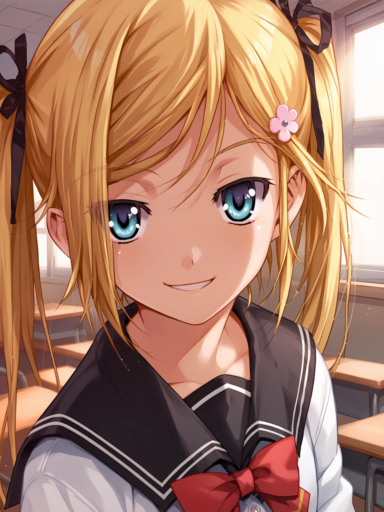 <lora:happy_tentacle-mafuyu-v0.2-000030:1>, ht_mafuyu, blonde hair, hairclip, school uniform, classroom, school yard , 1girl, solo, upper body , wide-eyed , ( smile :1.2), , looking at viewer , , facing viewer , score_9, score_8_up, score_7_up, score_6_up, score_5_up, score_4_up