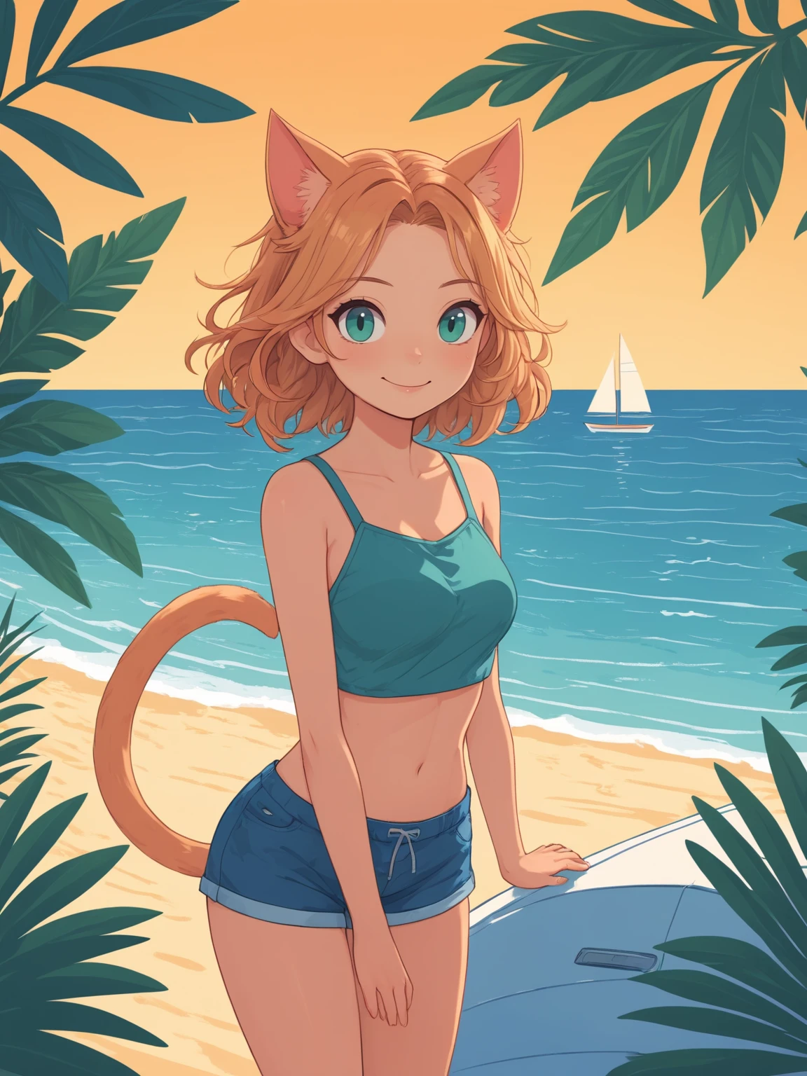 ,maon,1girl,animal ears,solo,tail,cat ears,cat girl,smile,cat tail,shorts,looking at viewer,upper body,stbejing,boat,watercraft,outdoors,beach,plant,ocean,shadow,sand,scenery,leaf,water,sunset,horizon,sky,tree,shore,silhouette,day,waves,<lora:wwm828:0.75>