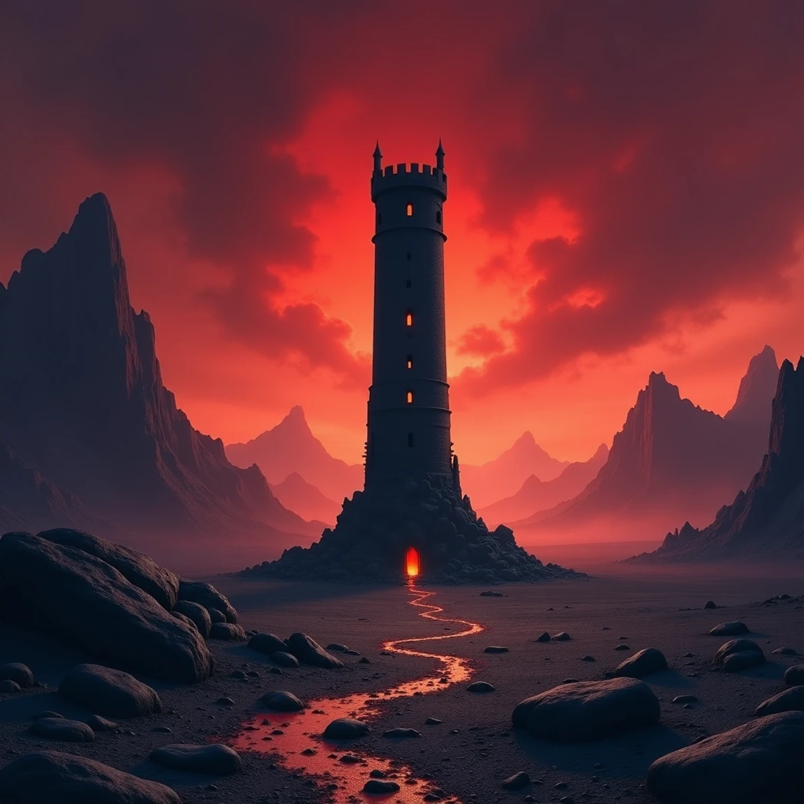 a black sooty tower stands alone in a rocky sandy plain in the style of fantasy art, the sky is a dark red, there are distant rocky mountains, the scene is reminiscent of the elemental plane of fire from the world of 'Dungeons and Dragons', <lora:Elemental_Planes-Fire:1>