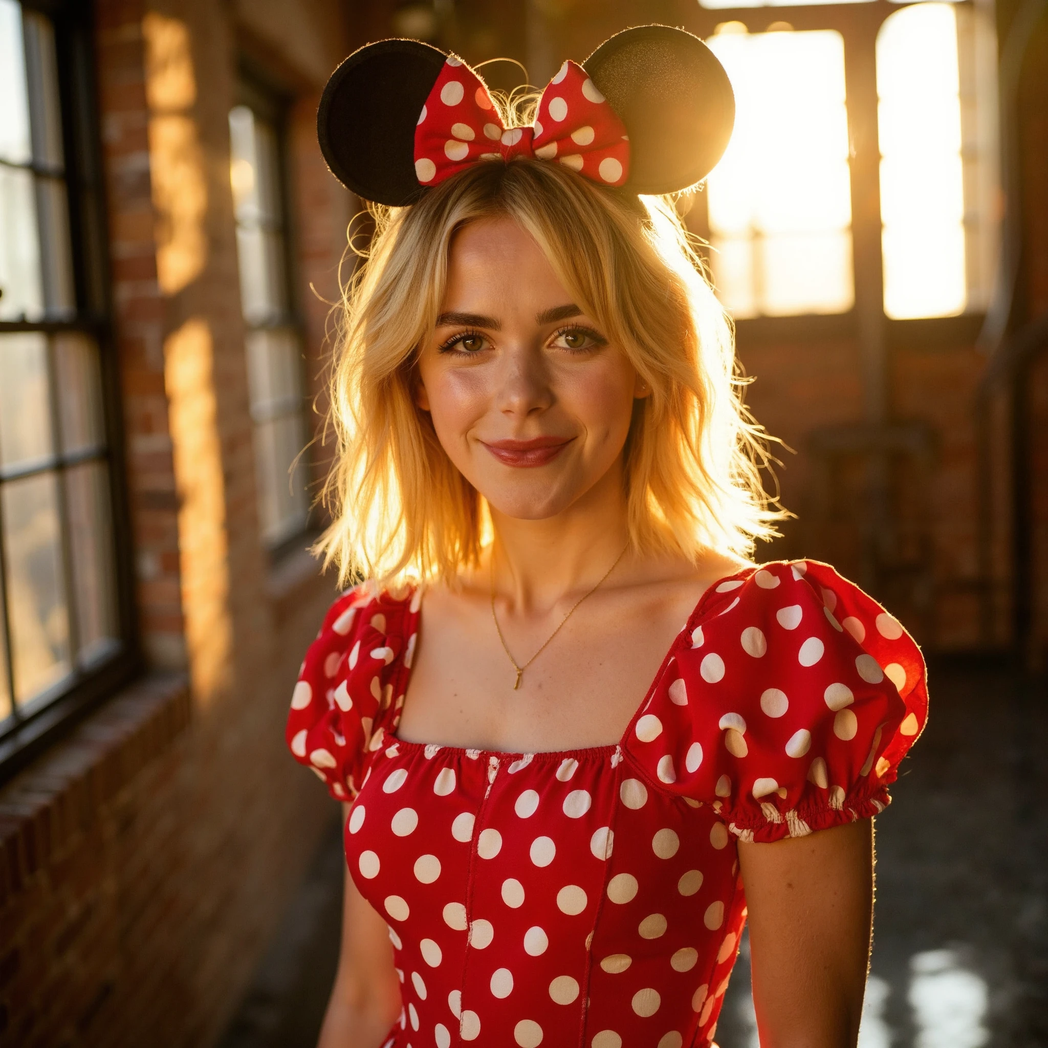 close-up photograph of kieshipka, a young woman standing in an industrial loft apartment. The scene is bathed in warm, golden sunlight streaming through large, floor-to-ceiling windows, filling the space with a cozy, inviting glow. she is dressed in a Minnie Mouse-inspired outfit, adding a playful and whimsical touch to the scene. She wears a classic Minnie Mouse-inspired dress, featuring a red and white polka-dot pattern. The dress is fitted at the waist with a flared skirt that adds a fun, retro vibe to her look. Her outfit is completed with iconic Minnie Mouse ears, a black headband with large, round ears and a red bow perched between them, adding a cute and recognizable element to her appearance. Her blonde hair is styled in a messy bob to complement the Minnie Mouse ears, falling gracefully around her shoulders. The sunlight streaming through the large windows catches in her hair, highlighting its rich tones and adding a touch of radiance to her look. her face is the focal point of the photograph, capturing her natural beauty and playful expression. Her eyes are bright and lively, catching the warm light and adding depth to her gaze. She has a slight, joyful smile that conveys a sense of fun and lightheartedness, perfectly matching the playful nature of her outfit. The background of the industrial loft apartment is visible but softly blurred, ensuring that the focus remains on kieshipka and her distinctive outfit. The exposed brick walls, metal beams, and large windows characteristic of an industrial loft add texture and contrast to the scene. The warm sunlight creates a dynamic interplay of light and shadow across the room, highlighting the raw, modern aesthetic of the space while enhancing the overall warmth of the photograph. The overall mood of the image is playful and cheerful, blending the whimsical elements of the Minnie Mouse-inspired outfit with the warm, sunlit atmosphere of the industrial loft. The close-up perspective emphasizes her joyful expression and the fun details of her outfit, creating a visually striking and endearing portrait<lora:flux_realism_lora><lora:KiernanShipkaFlux_V1>