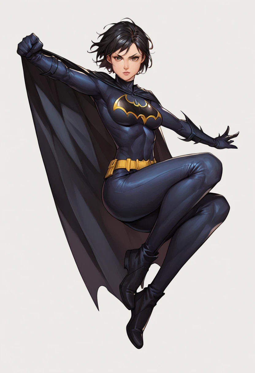 score_9, score_8_up, score_7_up, score_6_up, 1girl, full body shot, looking at viewer, solo, simple background, white background, action pose, cassandra-wayne, asian, chinese, brown eyes, black hair, short hair, Batgirl-outfit, black cape, mask