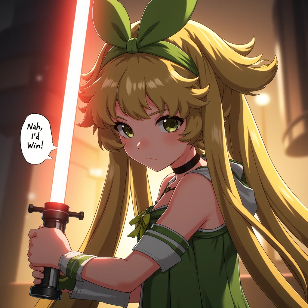 vrnwdf, A cinematic frame captures a striking anime scene: a young girl with long blonde hair, hair bow, and green dress, her gaze intense as she grips a gleaming lightsaber. Soft, warm lighting accentuates her determined expression, as if ready to face an intergalactic challenge. There is a speech bubble with text 'Nah, I'd Win'