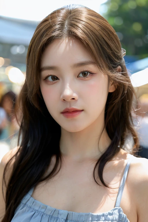 masterpiece, best quality, ultra-detailed, ultra high res, (photorealistic:1.4), raw photo, (realistic:0.2), 8k HDR, realistic lighting, looking at viewer, 1girl, solo, asymmetrical brown hair, outdoor, sky, (traditional market:1.2), bokeh, (detailed lips), (day), (detailed pores), (detailed skin textures), (detailed face:1.2), (body:1.2), a woman portrait in a sundress, cowboy shot,