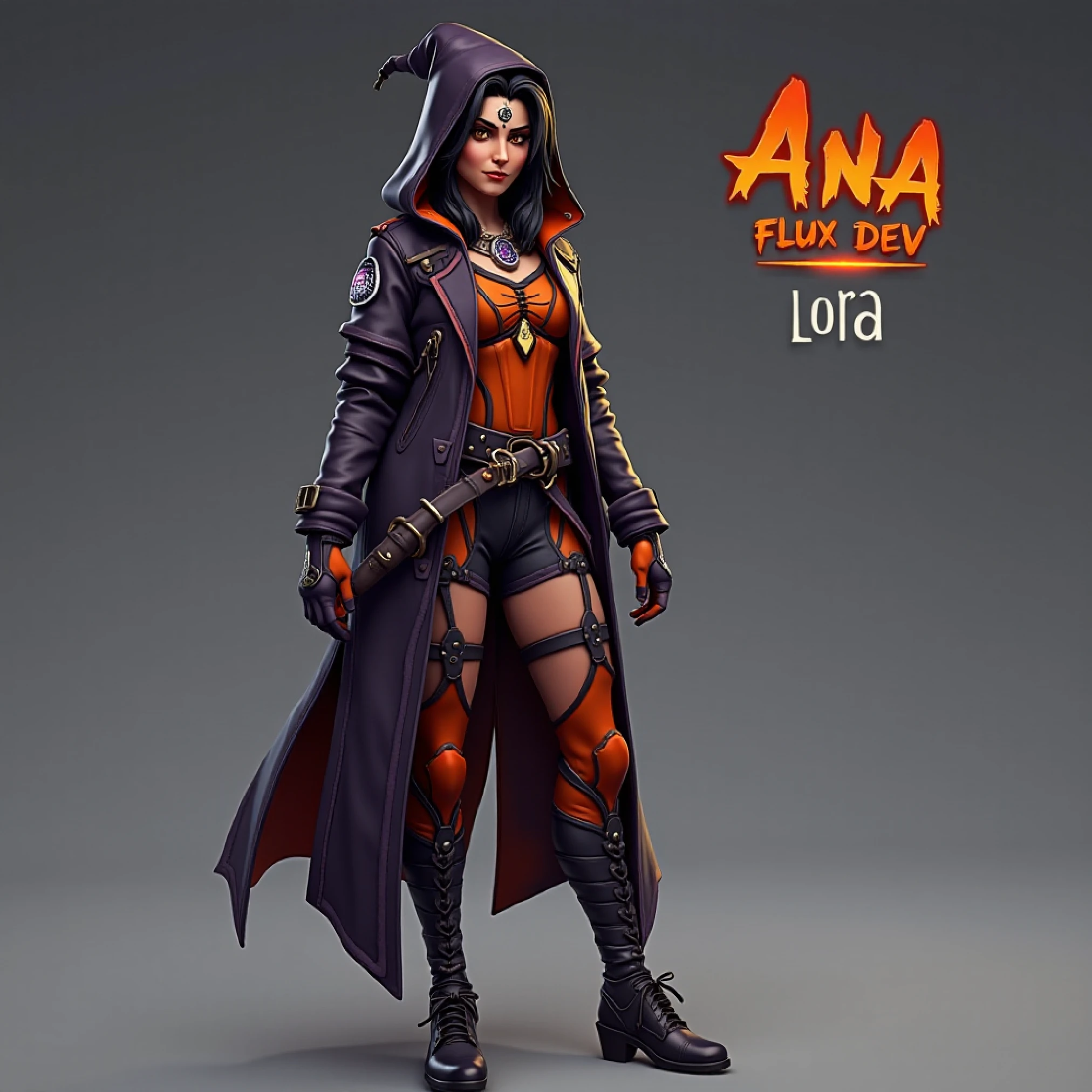 Ana, show her whole body with text to the right of her saying "ana FLUX DEV Lora"  she should be in a spooky holloween costume