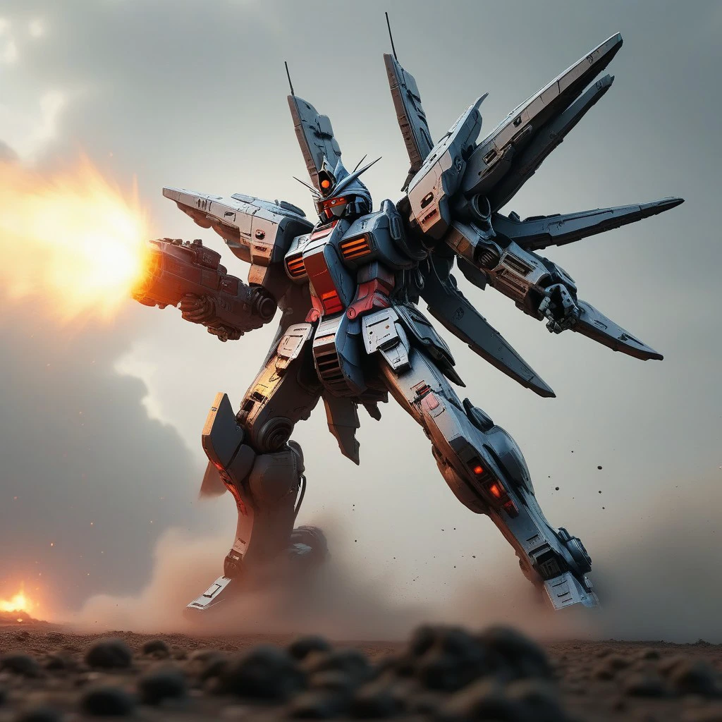 (Masterpiece: 1.4), (Best quality: 1.4), Natural(Big:1.25), ultra metallic Wing Gundam firing against a flying ship cinematic volumetric lighting, wide shot with Sony Fx6