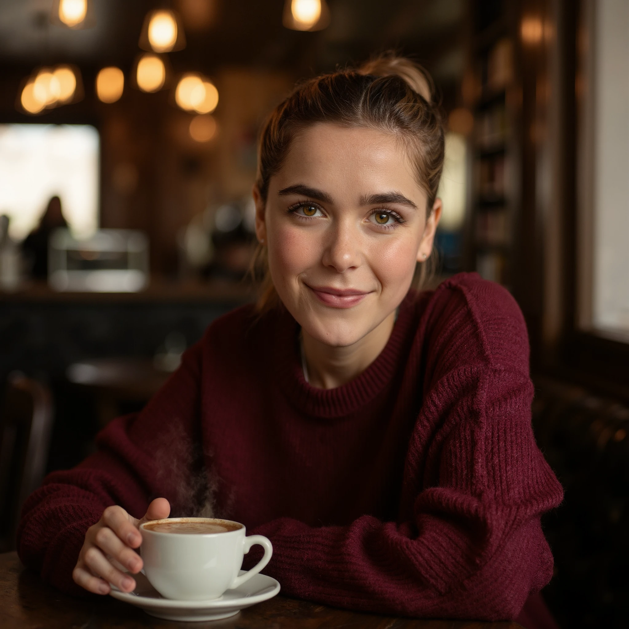 Create a detailed, close-up portrait of kieshipka sitting in a cozy, dimly lit coffee shop. She is shown from the chest up, with a warm and inviting expression on her face. Her eyes are the focal point of the image, making direct eye contact with the viewer and conveying a sense of warmth, love, and connection. She is wearing a comfortable, oversized sweater in a rich, warm color, such as burgundy or deep green, which complements her skin tone and adds a touch of sophistication to the casual setting. In one hand, she holds a steaming cup of coffee, with the other resting gently on the table. The background of the image should feature the warm, inviting ambiance of the coffee shop, with soft lighting, warm wood tones, and the subtle movement and sounds of other patrons and baristas going about their business. The overall mood of the image should be one of comfort, intimacy, and connection<lora:flux_realism_lora><lora:KiernanShipkaFlux_V1>