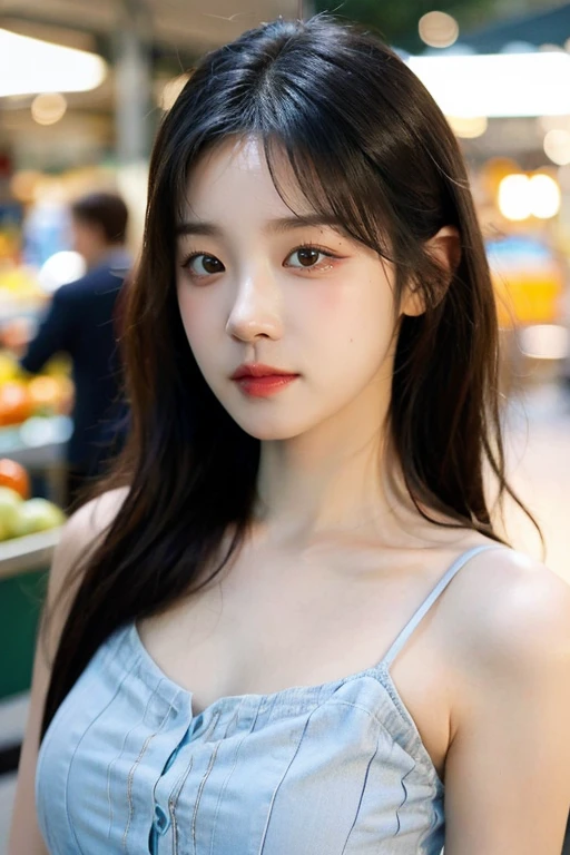 masterpiece, best quality, ultra-detailed, ultra high res, (photorealistic:1.4), raw photo, (realistic:0.2), 8k HDR, realistic lighting, looking at viewer, 1girl, solo, asymmetrical hair, outdoor, sky, (traditional market:1.2), bokeh, (detailed lips), (day), (detailed pores), (detailed skin textures), (detailed face:1.2), (body:1.2), a woman portrait in a sundress, cowboy shot,