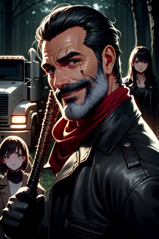 multiple views, close-up, negan, 1guy, holding weapon, facial hair, undercut, red scraf, black leather jacket, black gloves, narrow waist, slender man, 1girl, 2girls, multiple girls, fear, scared, crowd, truck, night, forest, realistic, <lora:girlhatenegan:0.9>