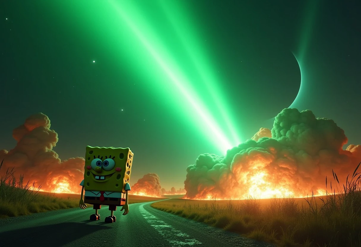 RAW photo, (photo flash:1.5) (fashion photography) (pictorialist style), fashion shot, realistic photo style, sharp focus, an orbital attack from the sky strikes Sponge Bob Square Pants' town Bikini Bottom, huge green beam ray striking the ground with explosions and fire, dark cloudy sky opened by the ray with a light shockwave, white lighted horizon, cinematic volumetric lighting, wide shot with Sony Fx6