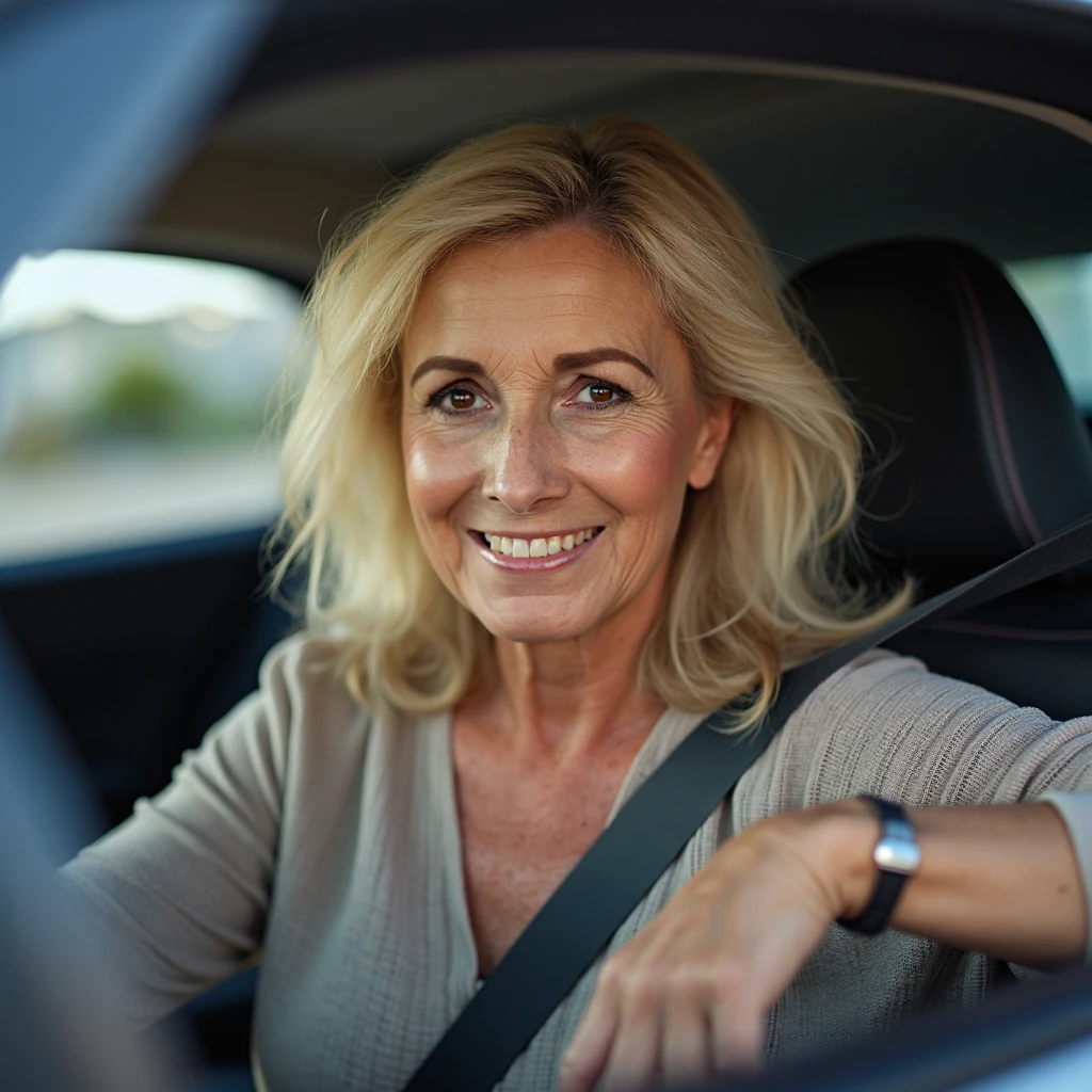 cocode, woman, gilf, pensioner, 60yo, blonde hair, brown eyes, driving sports car, 