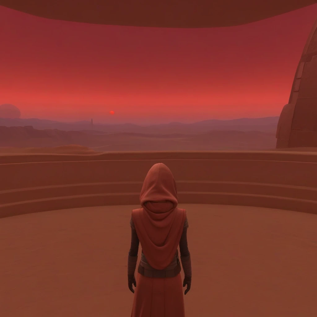 tatooine, homestead, star wars, solo, 1girl, outdoors, scenery, from behind, backpack, mountain, red sky, bag, hood, standing