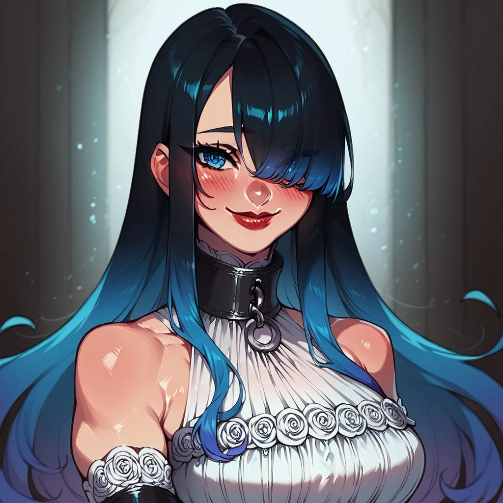 score_9, score_8_up, score_7_up, score_6_up, bl00mokk4, bloomokka, bloomokka art style, rating_safe,  1girl, solo, long hair, breasts, looking at viewer, blush, smile, bangs, blue eyes, large breasts, black hair, closed dress, gloves, dress, bare shoulders, closed mouth, blue hair, upper body, multicolored hair, elbow gloves, hair over one eye, collar, lips, gradient hair, red lips,