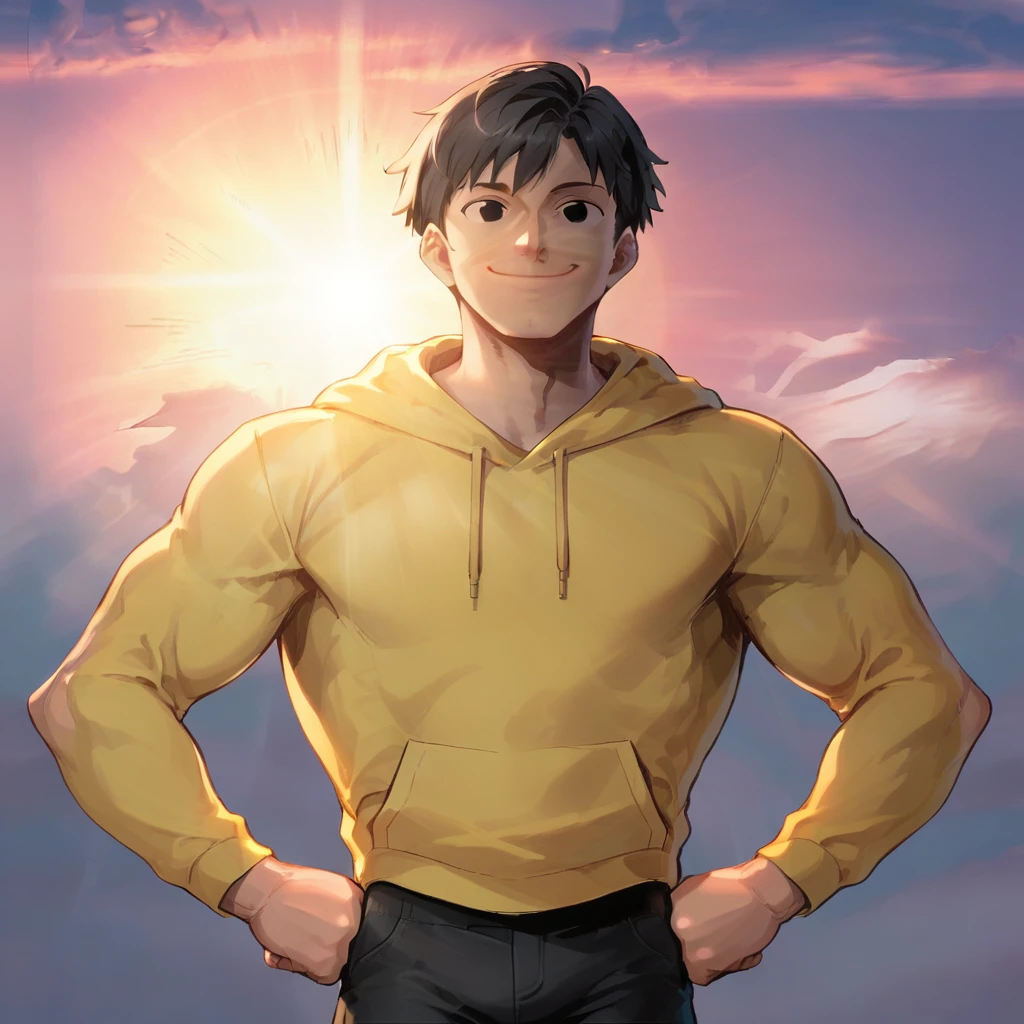 score_9_up, score_8_up, BREAK, SuperSmile, 1boy, solo, black hair, short hair, black eyes, yellow hoodie, black shorts, smile, closed mouth,  sunrise,  sky,  cloud,  sunset, sunlight,  light rays, outdoors, hands on own hips, clenched hands,  <lora:SupermanSmile_PXL_Leaf2:0.8>