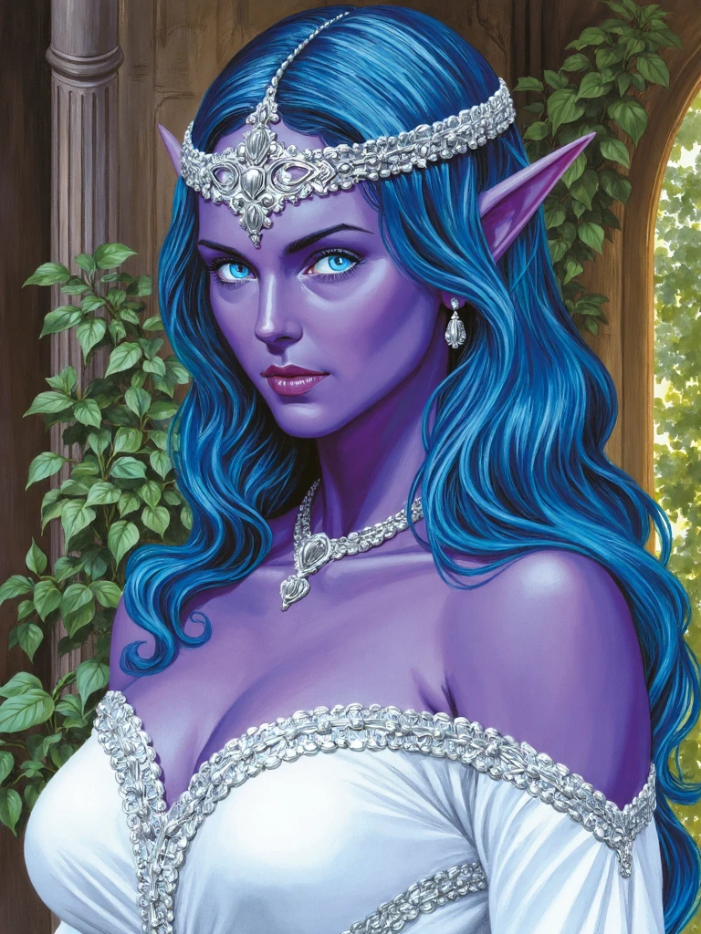 alexross style, vintage comicbook illustration, elf queen with purple skin and glowing cyan eyes, she have long blue hair, she wearing white dress with silver ornaments and head wreath made of leaves and silver weaving strings, <lora:sxz-Alex-Ross-Flux:1>