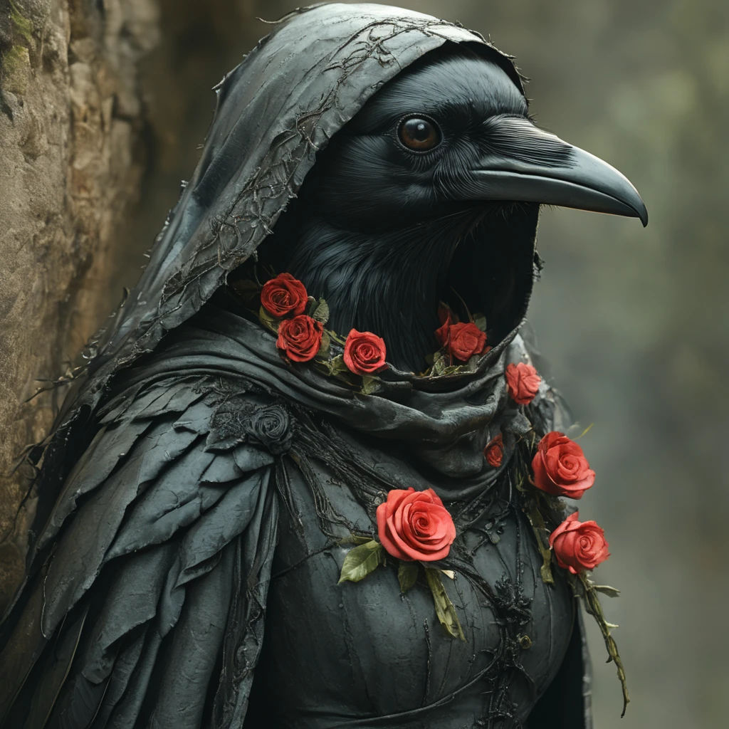 Corvidfolk holding a rose in her beak, dress and hood