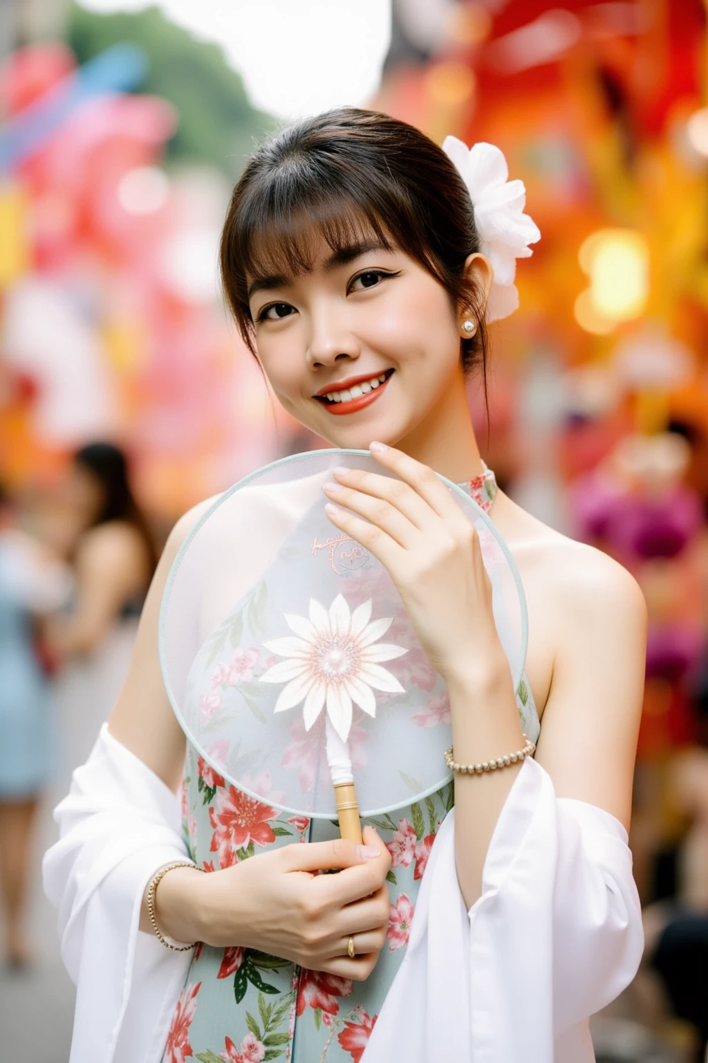 HanoiGirl, MidAutumn, A young woman is posing gracefully in a lively and colorful street, surrounded by vibrant festival decorations. She is dressed in a sleeveless floral dress with traditional Asian elements and a white shawl draped elegantly around her arms. Her hair is neatly styled in an updo, accented with a large white flower. She holds a delicate round fan with a floral design close to her chest. Her expression is gentle and serene, with a slight smile on her lips. The background is filled with bright, festive colors, creating a joyful and cultural atmosphere.