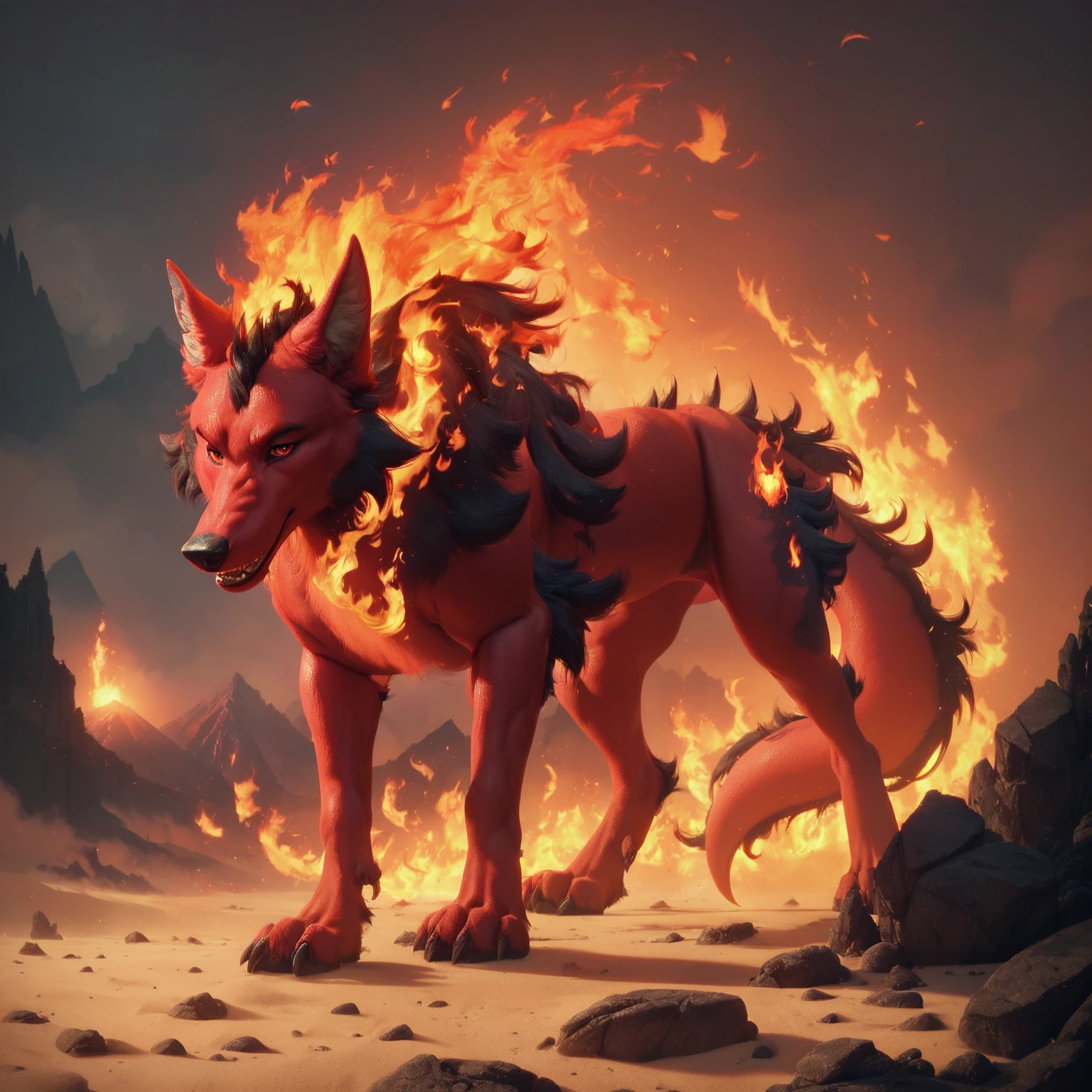 hellhound, on fire, flames, mountains, black stone, red theme, sand, <lora:ponyfire:1>, elementalplanefire, red dragon, BREAK score_9, score_8_up, score_7_up, best quality, masterpiece, 4k, prefect lighting, very aesthetic, zPDXL2