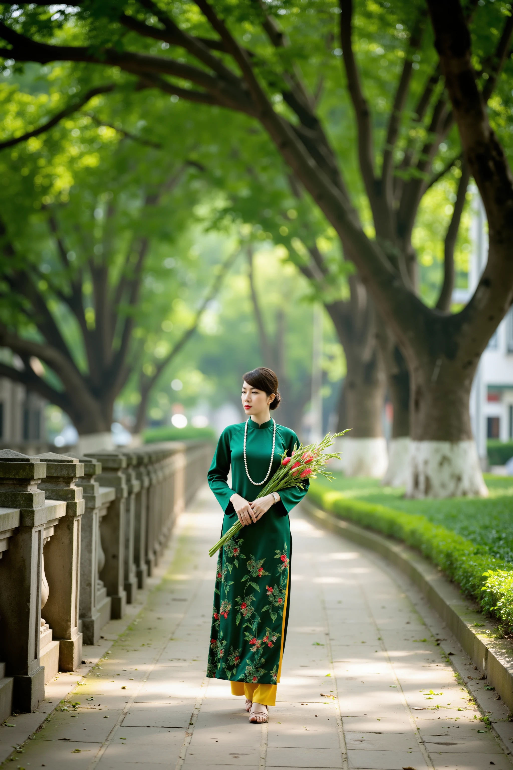 HanoiGirl, AoTac, A graceful woman in a silk, brocade traditional dark green áo dài walking along a stone pathway, surrounded by lush green trees.She holds a bouquet of flowers in her hands and wears a long pearl necklace. Her attire is complemented by yellow pants peeking from beneath the áo dài. The scene is set in a tranquil, shaded garden with large trees and an ancient stone railing, creating a serene and peaceful atmosphere. The lighting is soft and natural, with dappled sunlight filtering through the tree branches