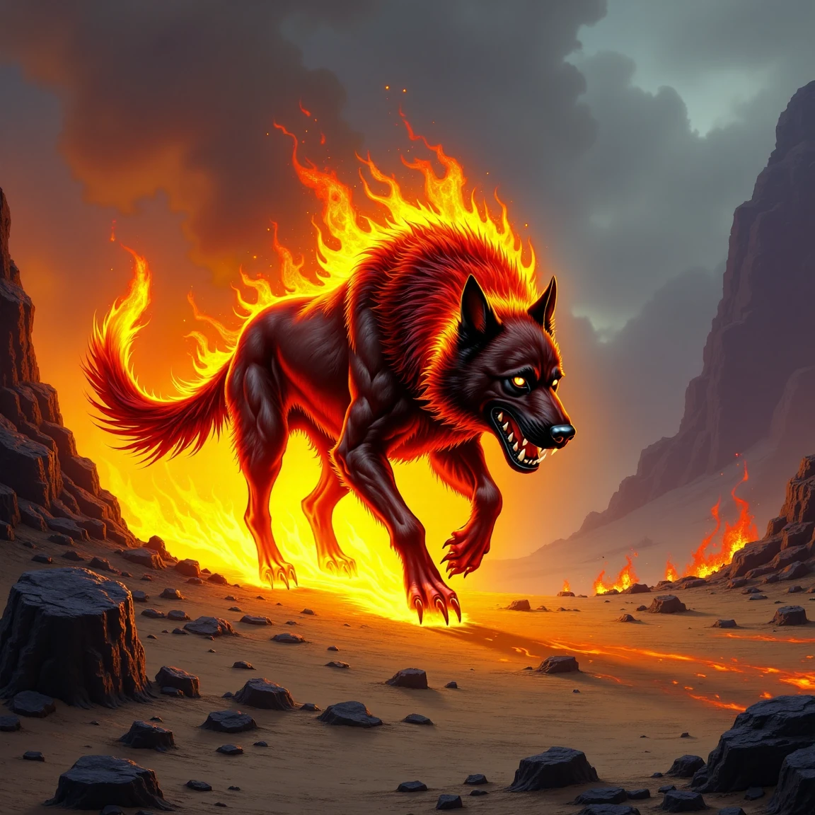 a fiery hellhound patrols through the elemental plane of fire, there are flames exuding from the hellhound, the background is a desolate rocky plain, the scene is reminiscent of the elemental plane of fire from the world of 'Dungeons and Dragons', <lora:Elemental_Planes-Fire:1>