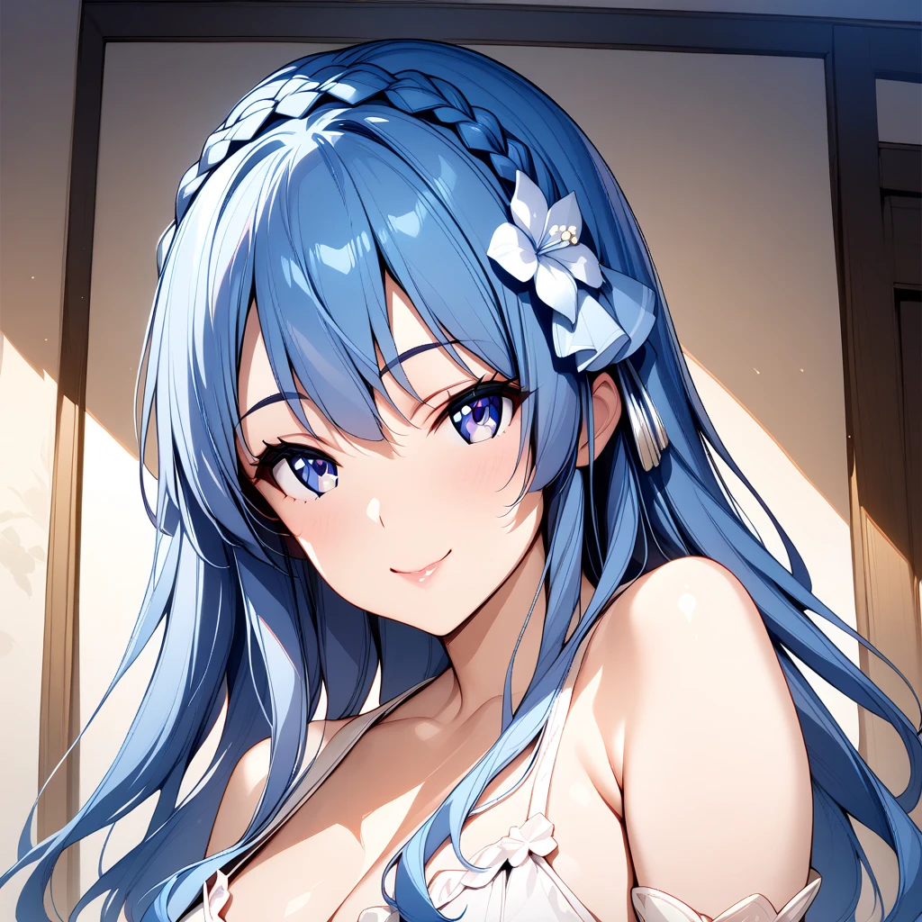 juna_doma, 1girl, blue hair, blue eyes, seductive smile, solo, crown braid, braid, long hair, looking at viewer, hair ornament, portrait, hair flower, flower, closed mouth, bare shoulders, ;)  <lora:XL-JunaDoma:1>, (masterpiece),(best quality),(ultra-detailed),(best illustration),(best shadow),(absurdres),(detailed background),(very aesthetic),