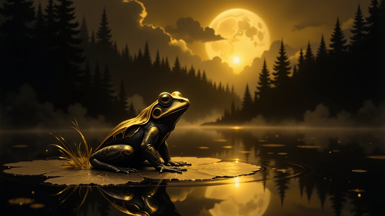 closeup of a glowing black and gold enchanted frog sitting on a lilypad in a golden lake, the golden moon shines down from above, godrays pierce the clouds, background blur, silohouettes of a magical pine forest in the background, black sky, golden ratio, dutch angle, night time,