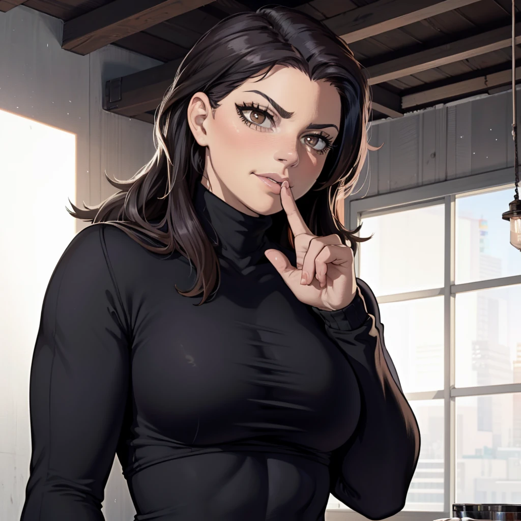 Best_QualityPos, RAW photo, intricate details, best quality, 8k uhd, soft lighting, 1girl, solo, bergifoth, long hair, black hair, brown eyes, black turtleneck sweater, long sleeves, toned  <lora:bergifoth:0.6>