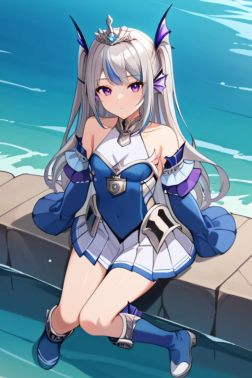 score_9, score_8_up, score_7_up, source_anime, rating_safe, intricate details, anime screencap, official style, 1girl, <lora:Tearlaments_Scheiren:1>, scheiren, grey hair, two side up, streaked blue hair, purple eyes, ear fins, tiara, head fins, tiara, blue dress, white skirt, pleated skirt, padlock, jewelry, detached sleeves, sleeves past wrists, bareshoulders, looking at viewer, full body, from above, expressionless, blue boots, sitting on stone, ocean