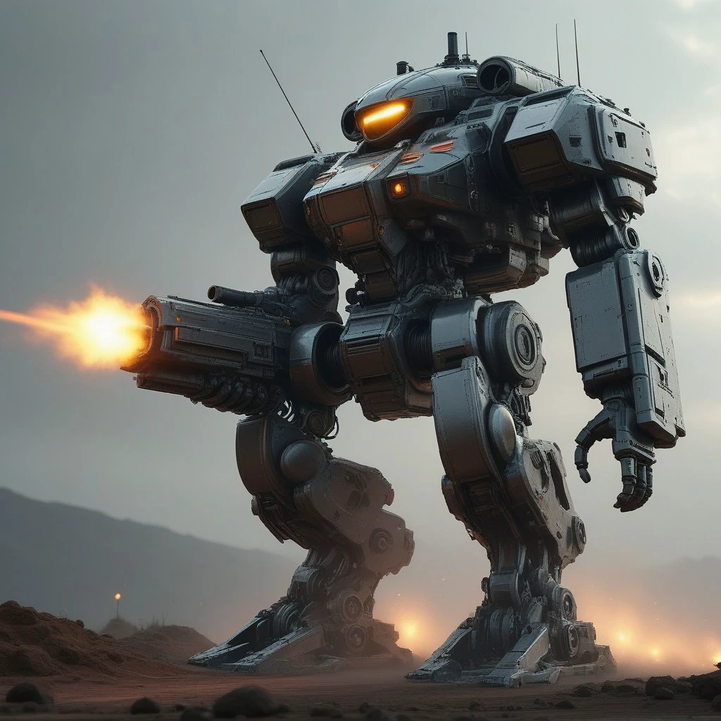 wide shot of a giant robot with a lot of lights on it, wojtek fus, giant mech, by Ludwik Konarzewski Jr, mega humanoid mech, sci-fi mech, symmetrical dieselpunk warrior, highly realistic concept art, deep cyberpunk mechanoid, painterly humanoid mecha, greg rutkowski octane render, cinematic volumetric lighting, wide shot with Sony Fx6