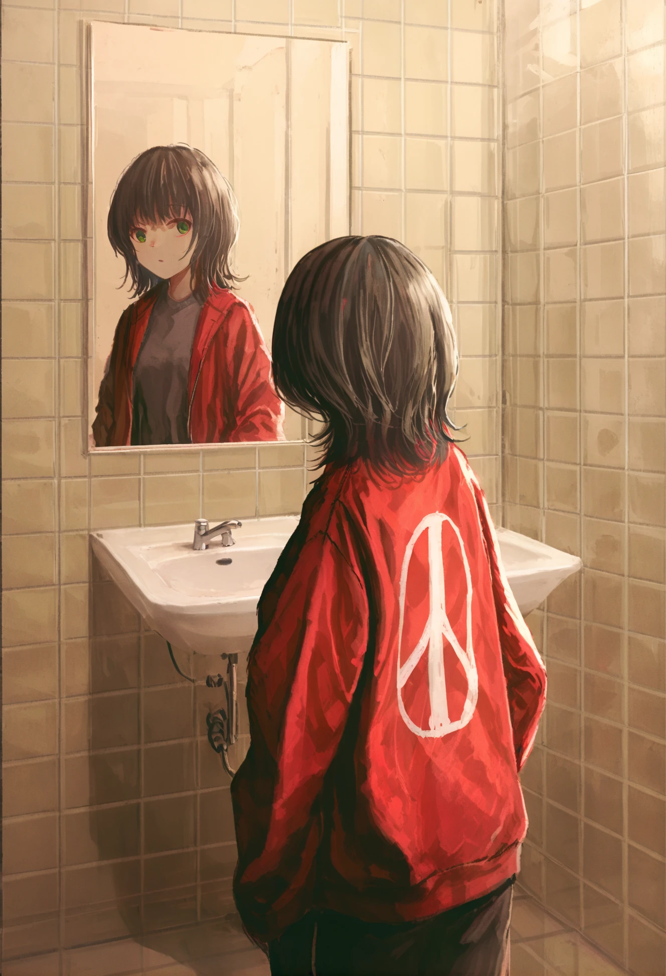 masterpiece, best quality,1girl, red jacket, black hair, jacket, solo, reflection, indoors, short hair, red hoodie, mirror, shirt, sink, bathroom, medium hair, tile wall, long sleeves, green eyes, upper body 
  <lora:darumakareiXLlokr4f-000184:0.95>