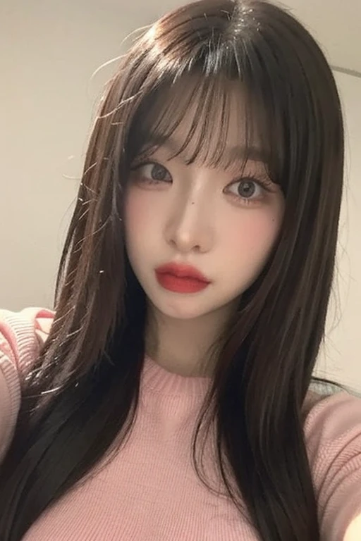 1girl, red lips, selca, pink sweater, long straight hair, white background <lora:Billlie_-_Haruna:0.9>