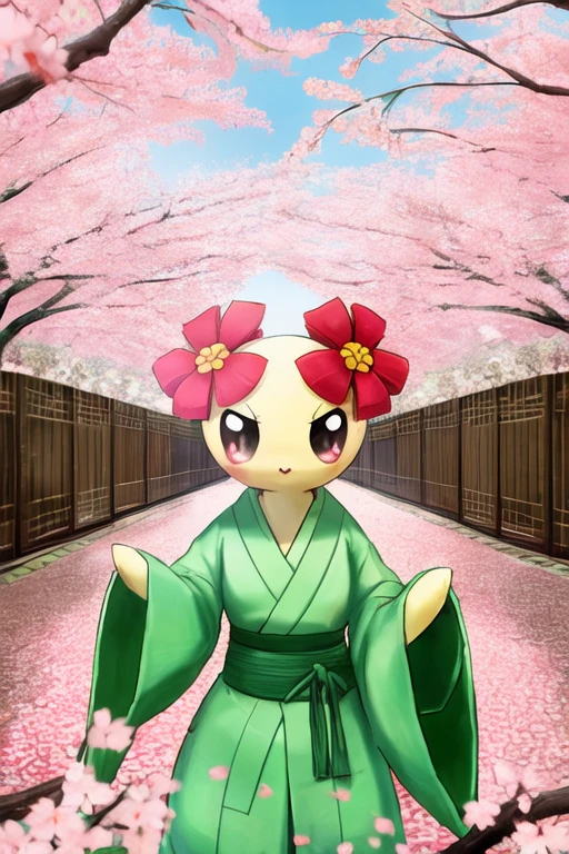 bellossom wearing a green kimono, cherry blossoms, 
in a cherry blossom orchard in Japan
by pokémon, by pokemon
<lora:bellossom:0.5>