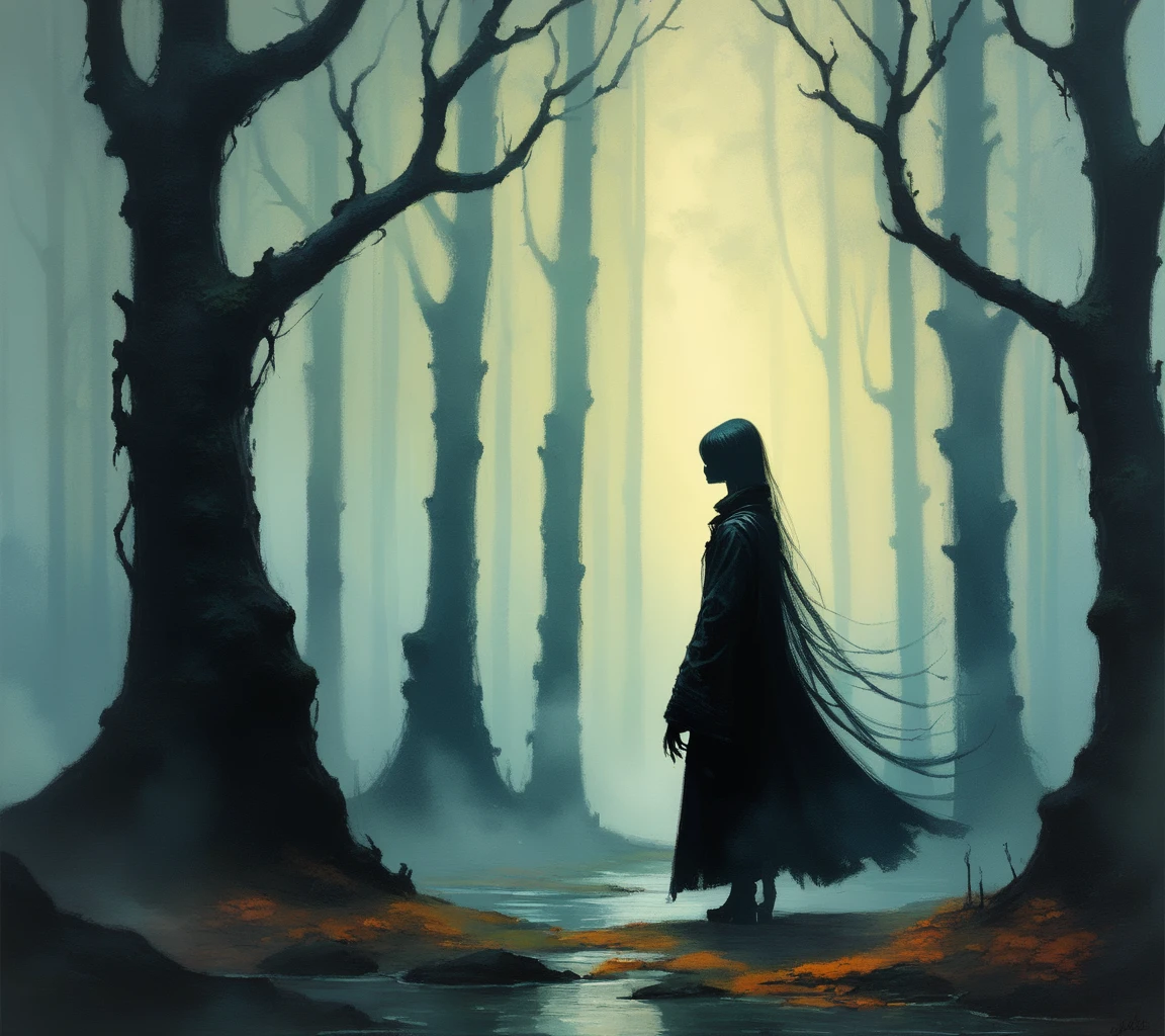 score_9, score_8_up, score_7_up, score_6_up, A solitary figure dressed in a long, flowing black coat stands at the edge of a dense, fog-covered forest. The watercolor scene, filled with dark hues and shadows, exudes a haunting atmosphere that hints at hidden secrets within the mist., highly detailed, vivid <lora:ponys-dream:.9>