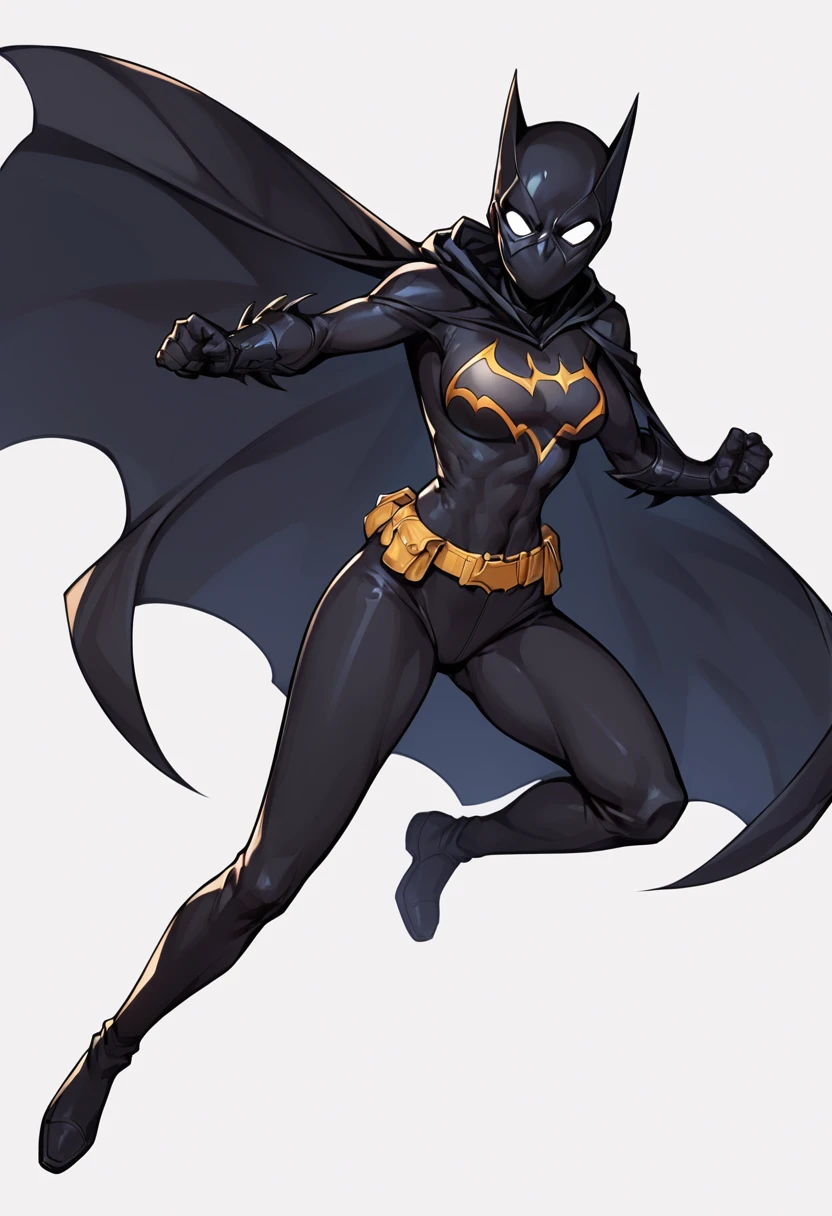 score_9, score_8_up, score_7_up, score_6_up, 1girl, full body shot, looking at viewer, solo, simple background, white background, action pose, cassandra-wayne, asian, chinese, Batgirl-outfit, black cape, white eyes, mask