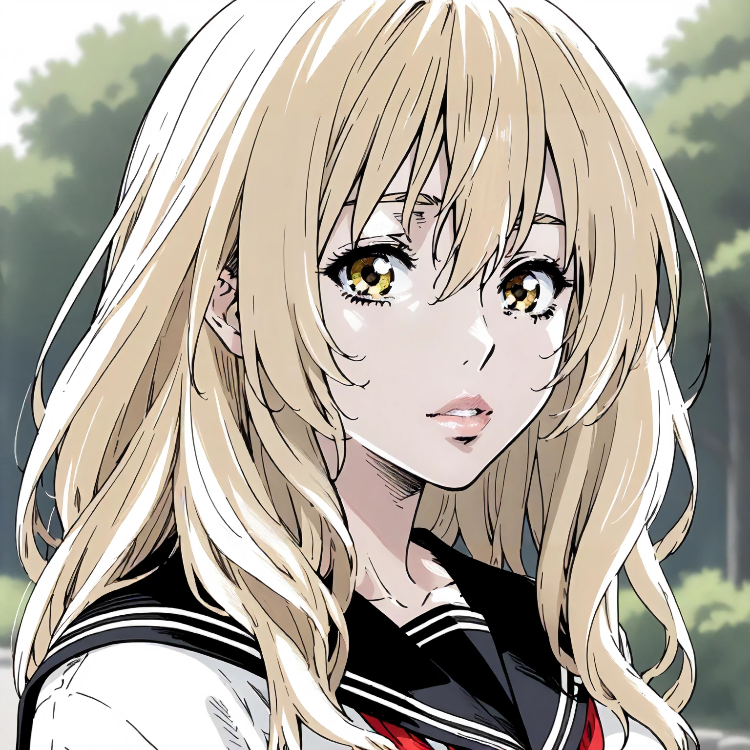 <lora:Us_EmaKaburagiXLpony001>,
outdoors,nature,
parted lips,looking at viewer,
solo,
EmaKaburagi,1girl,blonde hair,medium long hair,yellow eyes,
large breasts,
black sailor color,white shirt,long_sleeves,
upper body,
standing,