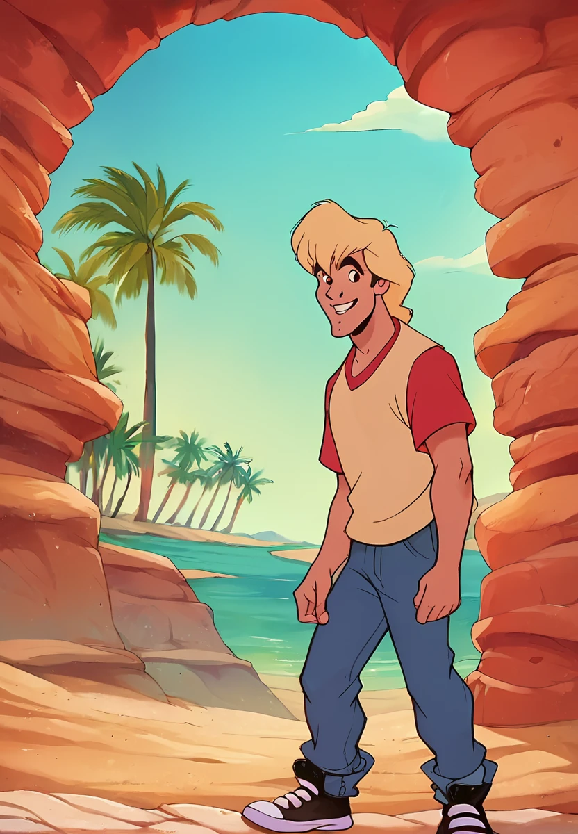 score_9, score_8_up, score_7_up, score_6_up, animation, retro artstyle, disney style, <lora:Zak_pxl_V0.0-000050:0.8> z9k, 1boy, a smiling looking boy is walking. he is wearing a red t-shirt, sneakers,
location: outdoors, desert, watercolour background
artistic composition
<lora:Disney_Renaissance:0.7>