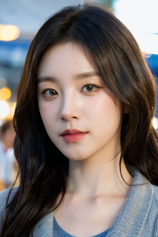 masterpiece, best quality, ultra-detailed, ultra high res, (photorealistic:1.4), raw photo, (realistic:0.2), 8k HDR, realistic lighting, looking at viewer, 1girl, solo, asymmetrical hair, outdoor, sky, (traditional market:1.2), bokeh, (detailed lips), (day), (detailed pores), (detailed skin textures), (detailed face:1.2), (body:1.2), a woman portrait in a cardigan, cowboy shot,