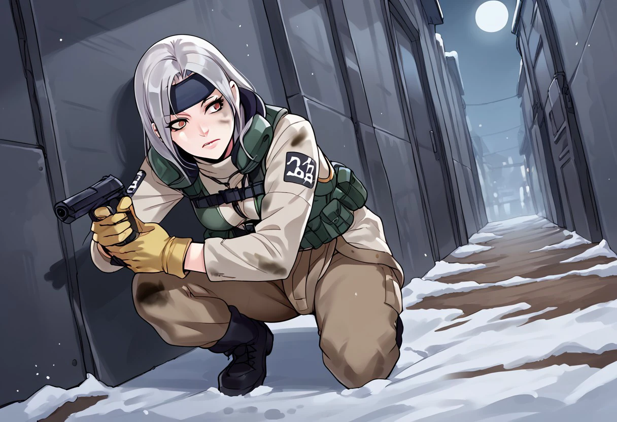 score_9_up, score_8_up, score_7_up, snow, night, spotlights in the background, military base, darkness, source_anime, BREAK
sunnyMGR, silver hair, brown eyes, solo, hair flower, headband, gloves, harness, bodysuit, tactical vest, belt pouch, eye patch, sunnyMGR dressed as solid snake, dirt, on one knee, hiding behind wall, dutch angle, looking around corner, holding pistol, gun, holding gun, handgun