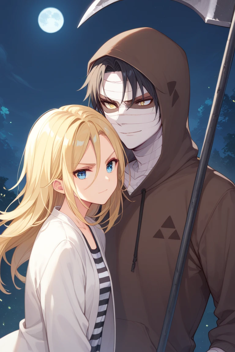 score_9, score_8_up:1.1), score_7_up, rachel gardner, 1girl, blue eyes, serious, petite, flat chest, white jacket, striped shirt BREAK
zack foster, 1boy, yellow eyes, black eyes, bandages, brown hoodie, smirk, holding scythe BREAK
rooftop, full moon, moonlight