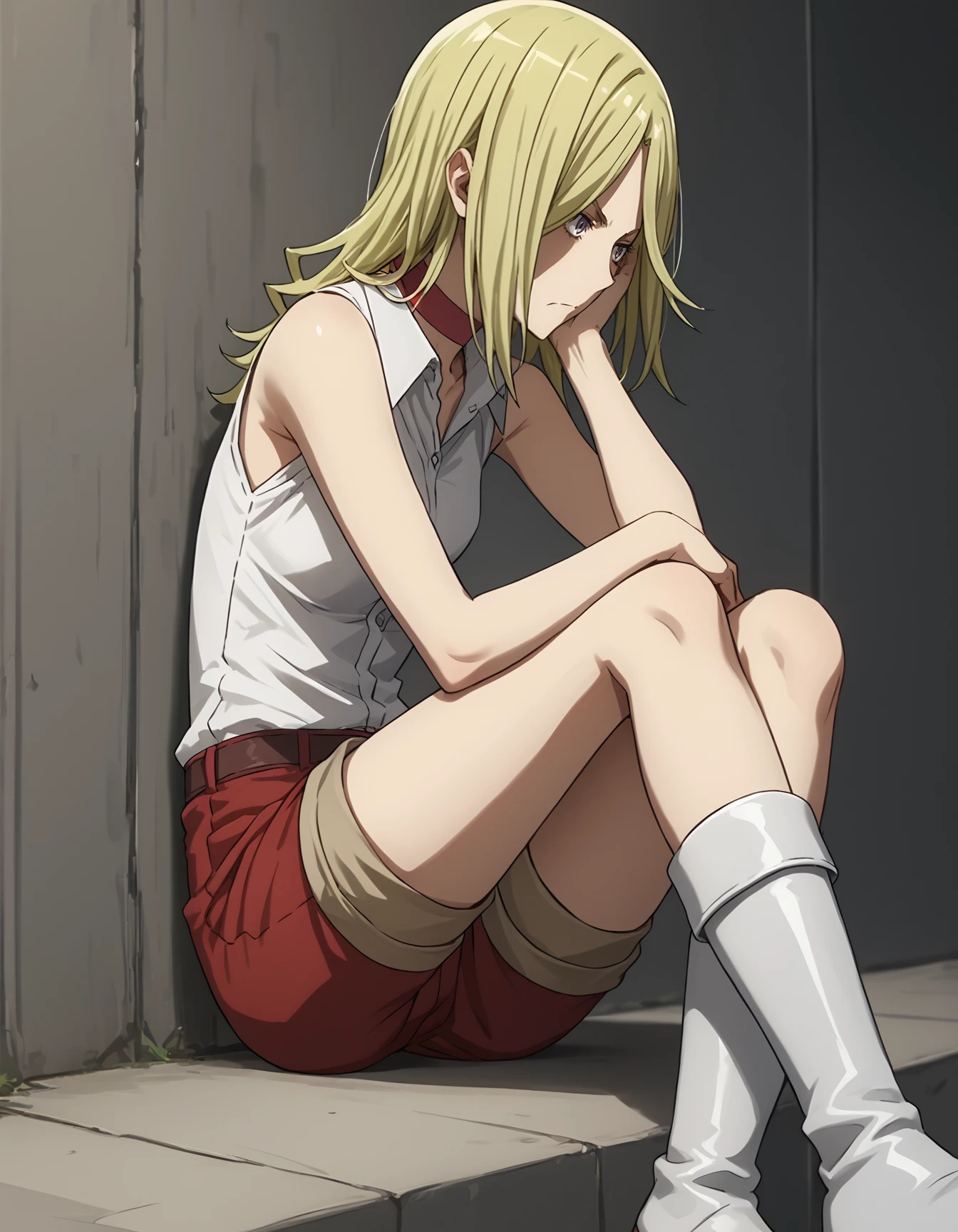 <lora:Vorona Durarara-000002:1>,  vorona durarara, sleeveless shirt, red choker, sitting, legs crossed, red shorts, white boots, score_9, score_8_up, score_7_up, source_anime,