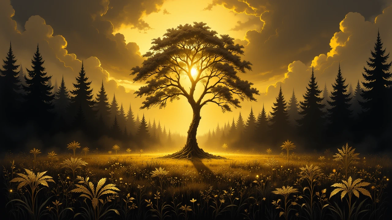 golden rays shine through clouds onto a towering tree in the middle of a dense forest,golden flowers rest on a sea of black grass, golden ratio