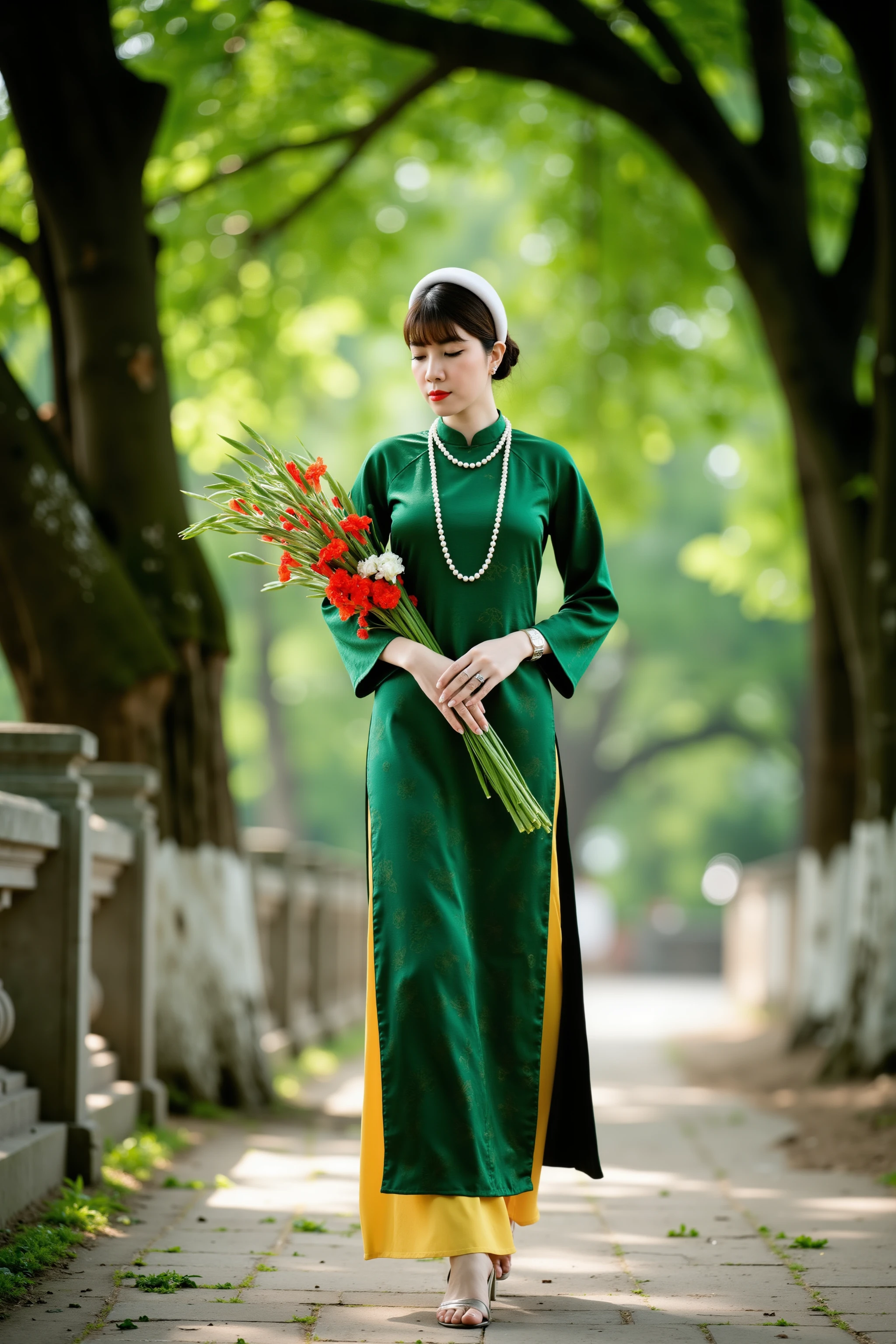 HanoiGirl, AoTac, A graceful woman in a silk, brocade traditional dark green áo dài walking along a stone pathway, surrounded by lush green trees.She holds a bouquet of flowers in her hands and wears a long pearl necklace. Her attire is complemented by yellow pants peeking from beneath the áo dài. The scene is set in a tranquil, shaded garden with large trees and an ancient stone railing, creating a serene and peaceful atmosphere. The lighting is soft and natural, with dappled sunlight filtering through the tree branches