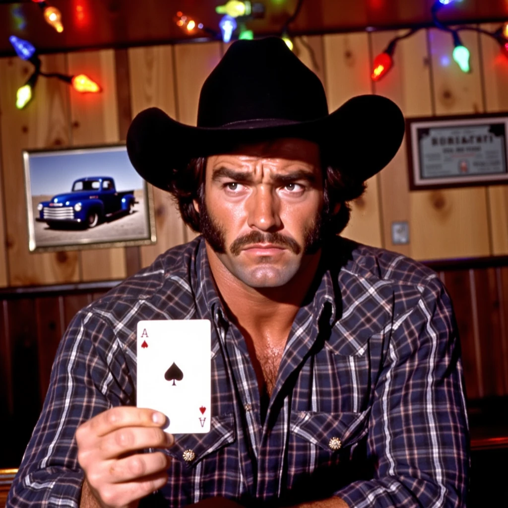 KDCRM vintage photo, snapshot of a handsome rugged looking cowboy with a very serious expression holding the playing card of the Ace of Spades, he is wearing a plaid shirt and a black cowboy hat, 1970s bar interior, colorful Christmas lights in the background provide dim lighting, vintage wood paneling, a picture hangs on the wall of a vintage blue truck