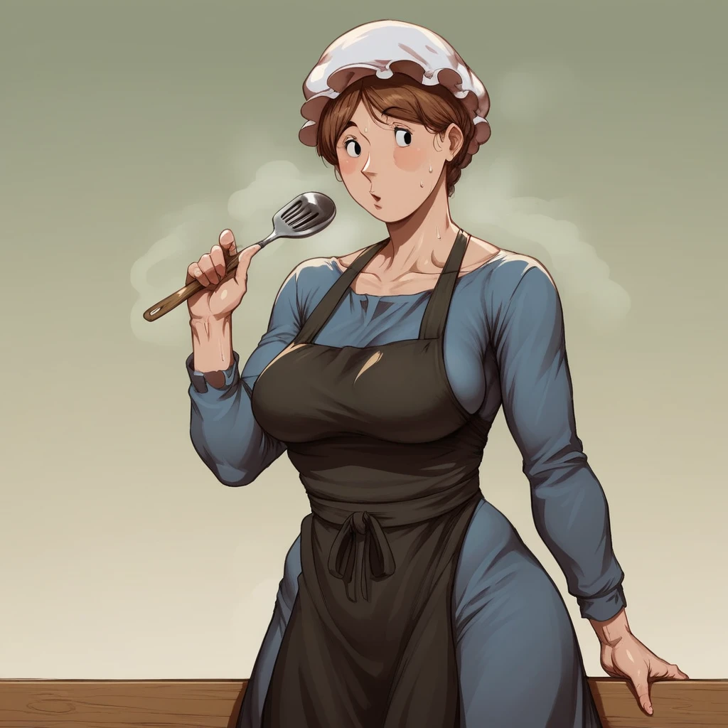 score_9_up, score_8_up, BREAK, 1girl, solo, AmishWife, short hair, brown hair, black eyes, mob cap, dress, apron, blue dress, mature female, cowboy shot,  <lora:AmishWife_jlullaby_PXL_Leaf2:0.8>, outdoors, green gradient background, steaming body,