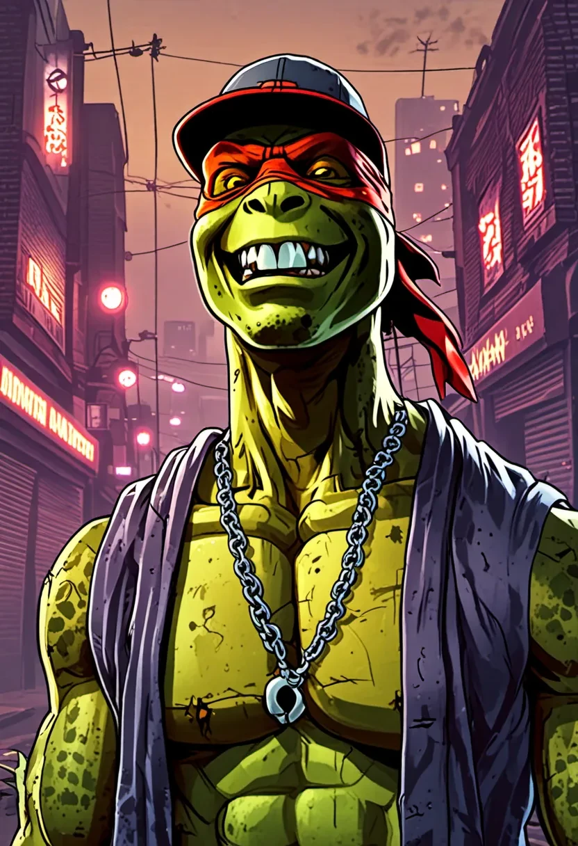 closeup headshot, gang banging ninja turtle with reverse hat laughing in alleyway, dark shadows and shading, dim lighting, dirty city neon lights with mist in background, award winning, ultra high quality, insane details, GTA style <lora:GTA_epoch_10:1.2>